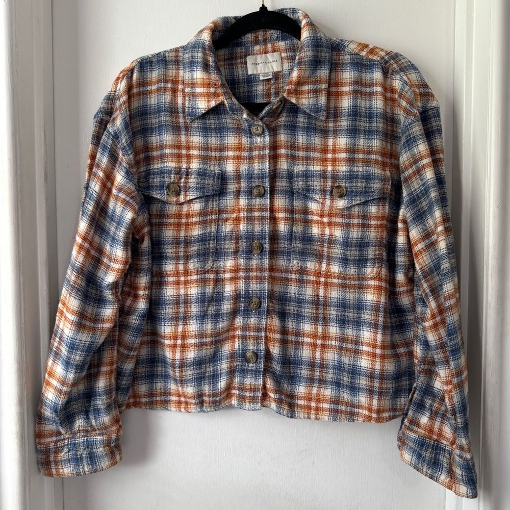 American Eagle Outfitters Crop Plaid Flannel Button Up Shirt Blue Orange Size M - Picture 2 of 8